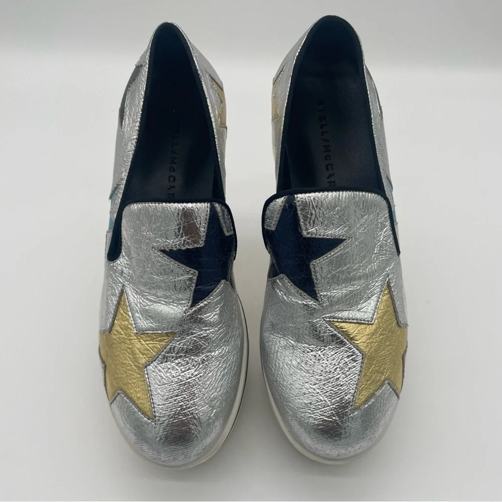 STELLA MCCARTNEY Silver Metallic Faux Leather Binx Star Platform Sneaker Bowie